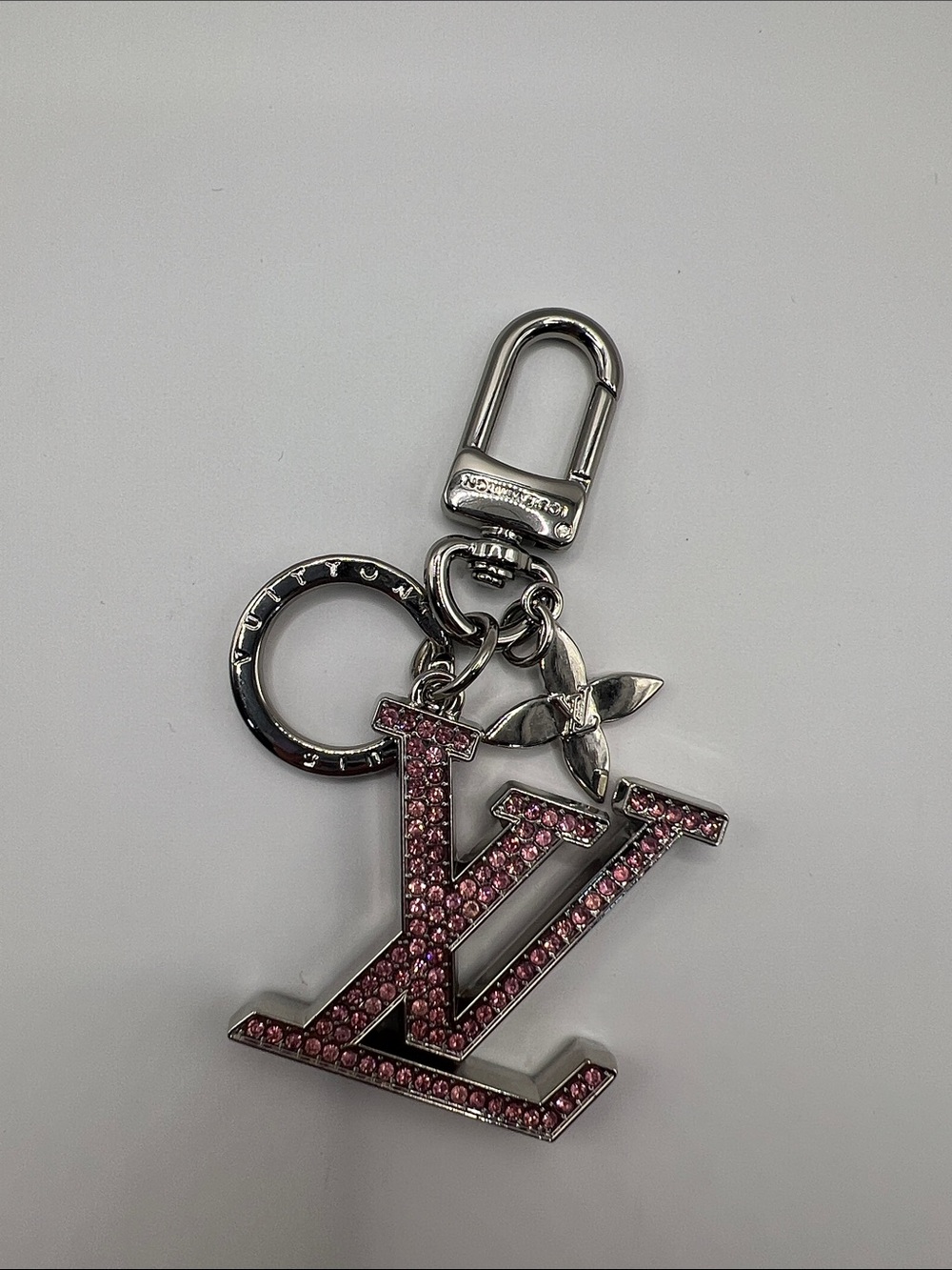 1416. Pink Crystal Key Chain or Bag Charm with Stamped Silver Hardware - Picture 2 of 3